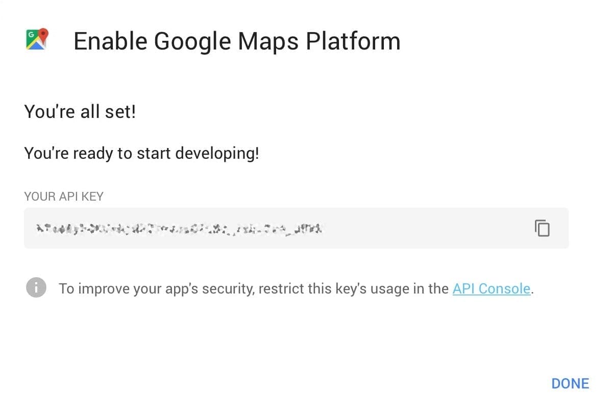 a screenshot of the setup process for creating a Google Maps platform