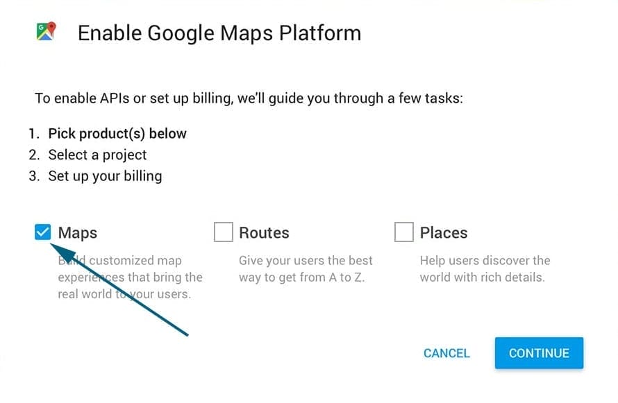 an arrow indicating the user should check the Maps box