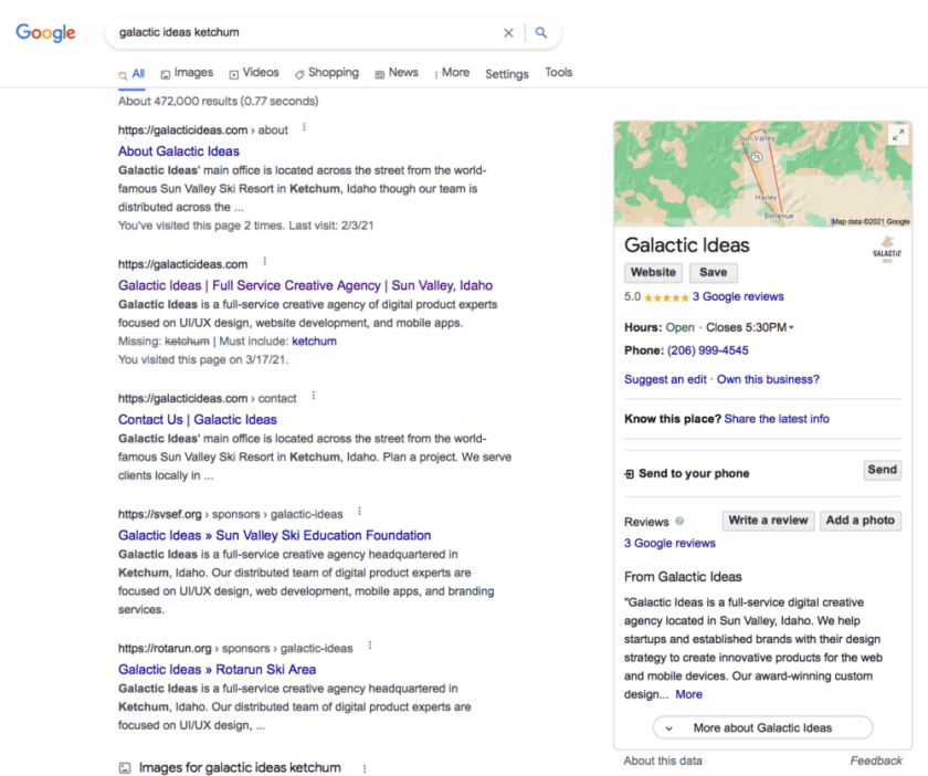 a screenshot of a google results page with a Google My Business box for galactic ideas on the righthand side of the screen