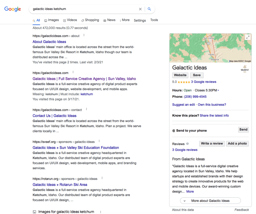 a screenshot of a google results page with a Google My Business box for galactic ideas on the righthand side of the screen