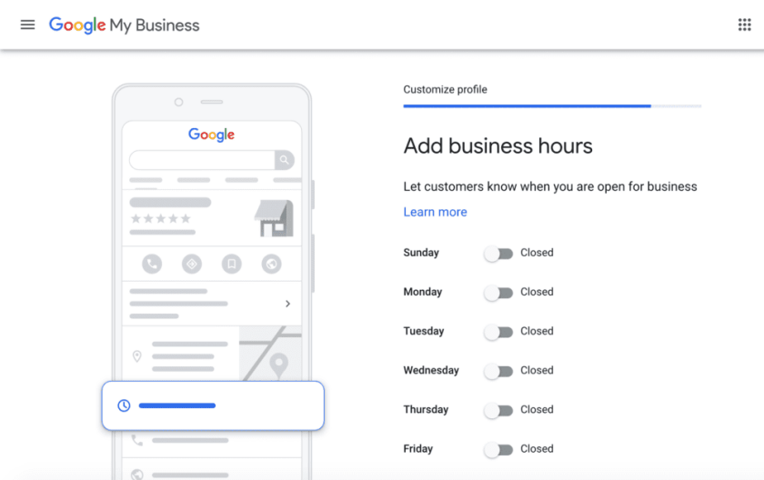 a screenshot indicating that user should add their hours of operation to their Google My Business Profile