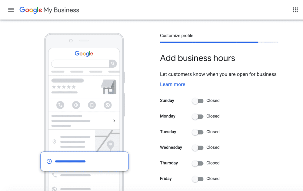 a screenshot indicating that user should add their hours of operation to their Google My Business Profile