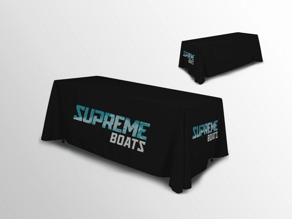 A black table cover with the word supreme on it, perfect for a stylish web design or user interface.